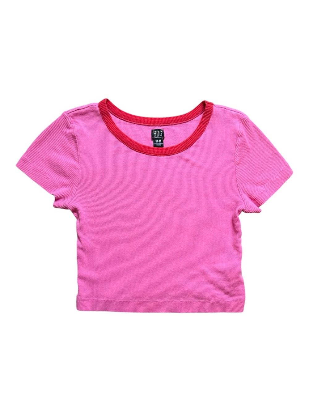 BDG Urban Outfitters Cotton Hot Pink Ribbed Crop Baby Tee with Red Trim Medium